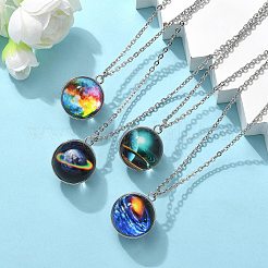 304ステンレススチールガラス宇宙ペンダントネックレス  ステンレス鋼色  ミックスカラー  19.69インチ（50cm）&nbsp;NJEW-JN05192