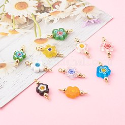 手作りのミルフィオリガラスリンクコネクター  金色の304ステンレススチールループ付き  花  ミックスカラー  25x12x4mm  穴：1.6~1.8mm&nbsp;PALLOY-JF00733