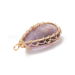 天然アメジスト銅線巻きペンダント  ティアドロップチャーム  ゴールドカラー  36x17x8mm  穴：3x2mm&nbsp;PALLOY-JF02016-03
