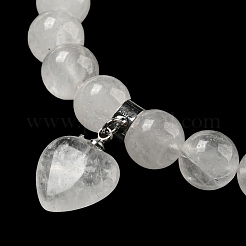 8.5mm ラウンド天然水晶ロッククリスタルビーズストレッチブレスレット  女性用真鍮製ベイル付きハートチャームブレスレット  内径：2-1/8インチ（5.5cm）&nbsp;BJEW-C074-01N