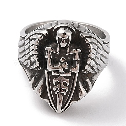Viking 304 Stainless Steel Angel Cross Sword Wide Finger Rings for Mens&nbsp;RJEW-U005-03AS