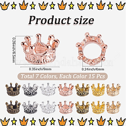 105個 7色合金ヨーロピアンビーズ  大穴ビーズ  クラウン  ミックスカラー  9x6.5mm  穴：6mm  15個/カラー&nbsp;FIND-PA0001-38