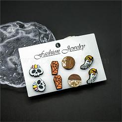ハロウィン墓石ゴーストスカルウッドスタッドピアスセット  女性用樹脂と木材のフラットラウンドイヤースタッド  ミックスカラー  14~19x9~15mm  4のペア/セット&nbsp;EJEW-OY002-01