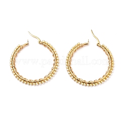304ステンレススチールフープピアス  アクリル模造パールビーズと真鍮製カップチェーン付き  リング  ゴールドカラー  42.5~43.5x3mm  ピン：0.6x1mm&nbsp;EJEW-JE04375