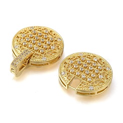 Rack Plating Flat Round Brass Micro Pave Clear Cubic Zirconia Fold Over Clasps&nbsp;KK-H512-08G