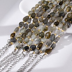 女性用天然ラブラドライトビーズブレスレット  ナゲット  201個のステンレススチール製金具付き  7-1/2インチ（19.2cm）&nbsp;G-P563-07P-05