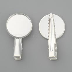 アイアン製フラットダッカールクリップパーツ  真鍮製トレイ付き  銀色のメッキ  32~35x19.5mm  トレイ：18mm&nbsp;IFIN-I014-S