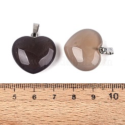 天然石グレーアゲートペンダント  ハートチャーム  ステンレススチール製のベールスナップ付き  ステンレス鋼色  21~24x22~24x8.5~11.5mm  穴：6.5~7.5x2~3mm&nbsp;G-N362-05P-03
