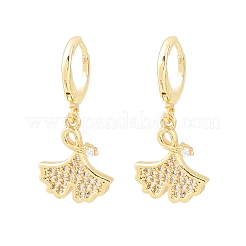Leaf Brass Micro Pave Clear Cubic Zirconia Hoop Earrings&nbsp;EJEW-B154-01G