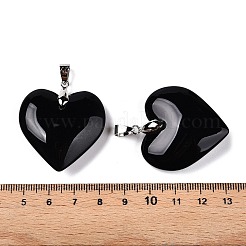 ガラスチャーム  プラチナ真鍮のベイルと  ハート  ブラック  38.5~39.5x34~34.5x11~11.5mm  穴：7x4.5mm&nbsp;GLAA-N001-23B