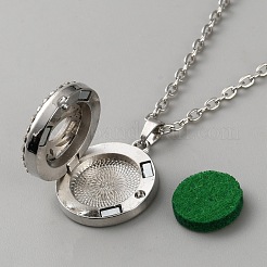 Stainless Steel Flat Round with Lotus Flower Essential Oil Diffuser Locket Pendant Necklaces for Women&nbsp;NJEW-WH0023-72