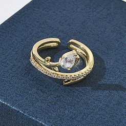 女性用真鍮マイクロパヴェキュービックジルコニアカフオープンリング  花  長持ちメッキ  ラックめっき  18KGP本金メッキ  透明  15.5mm  17mm&nbsp;RJEW-L343-05G-02