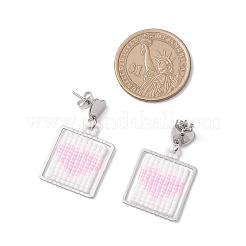 手作りのガラスシードビーズのスクエアとハートのダングルスタッドピアス  ステンレス鋼色  ピンク  33.5x20.5mm&nbsp;EJEW-MZ00559-03
