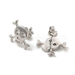 Rack Plating Brass Pave Clear Cubic Zirconia Skull Stud Earrings&nbsp;EJEW-F301-29