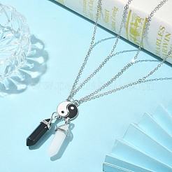 2Pcs 2 Style Natural Black Obsidian & White Jade Bullet Pendant Necklaces Set&nbsp;NJEW-TA00095-01