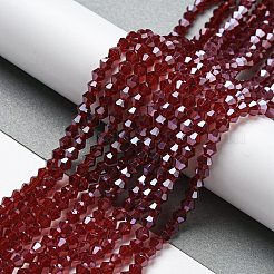 透明電気メッキガラスビーズ連売り  パール光沢メッキ  多面カット  双円錐形  暗赤色  4x4mm  穴：0.8~1mm  約75~78個/連  28~29cm&nbsp;GLAA-F029-4mm-C27