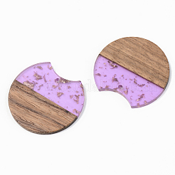 透明樹脂＆ウォールナットウッドチャーム  金箔  ギャップフラットラウンド  ライラック  34x36.5x3mm  穴：2mm&nbsp;RESI-S389-001A-B01