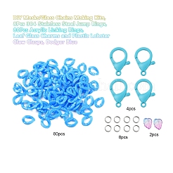 DIYマスク/ガラスチェーン製造キット  304ステンレススチール丸カン8個  80個のアクリルリンキングリング  リーフガラスチャームとプラスチックカニカン  ドジャーブルー  13.5x10.5x3.5mm  穴：1.2mm  94個/袋&nbsp;DIY-YW0002-74A