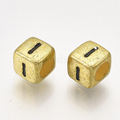 アクリルビーズ  水平穴  メタリックメッキ  文字「i」が入った立方体  6x6x6mm  穴：3mm&nbsp;X-PB43C9308-G-I