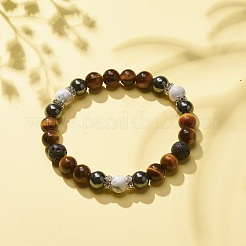 Natural Gemstone & Lava Rock & Howlite & Synthetic Hematite Round Beaded Stretch Bracelet&nbsp;BJEW-JB08180