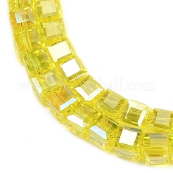 電気メッキ透明ガラスビーズ連売り  cude  多面カット  ABカラーメッキ  きいろ  5~6x5.5~6x5.5~6mm  穴：1.2mm  約95~98個/連  20.07~20.86インチ（51~53cm）&nbsp;EGLA-B011-07A-AB01