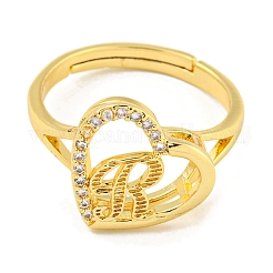 Heart with Letter Rack Plating Brass Micro Pave Cubic Zirconia Adjustable Rings for Women&nbsp;RJEW-I105-06G-R
