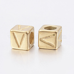 304 ステンレススチール 大きな穴文字 ヨーロッパ ビーズ  水平穴  文字.v付きのキューブ  ゴールドカラー  8x8x8mm  穴：5mm&nbsp;X-STAS-H428-01G-V