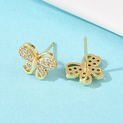 真鍮マイクロペーブクリアキュービックジルコニアスタッドピアス  ラックめっき  長持ちメッキ  カドミウムフリー＆鉛フリー  18KGP本金メッキ  蝶  9.5x12mm&nbsp;EJEW-F400-02C-G