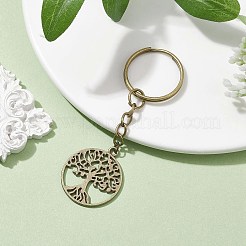 チベット風合金生命の樹キーホルダー  鉄のスプリットキーリング付き  アンティークブロンズ  8cm  ペンダント：29x25x1.5mm&nbsp;KEYC-JKC00693-01