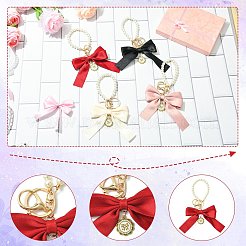 装飾用の合金模造真珠の蝶結びキーホルダー4個4色  ピンクと赤と黒と白  ミックスカラー  20x10cm  1個/カラー&nbsp;ST-CJ0028-03