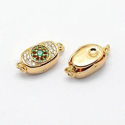 真鍮製ボックスクラスプ  キュービックジルコニア付き  カドミウムフリー＆ニッケルフリー＆鉛フリー  18KGP本金メッキ  楕円形や円形  ミディアムスプリンググリーン  18x9x7mm  穴：2mm&nbsp;KK-G323-47B-G-NR