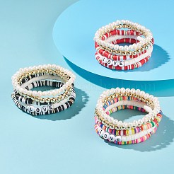 手作りポリマークレイヘイシビーズストレッチブレスレットセット  愛の言葉アクリルビーズブレスレット  女性用ナチュラルパール＆合成ヘマタイトビーズブレスレット  ミックスカラー  内径：2-1/8~2-3/8インチ（5.5~6cm）  5個/セット&nbsp;BJEW-JB07401