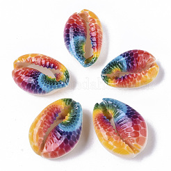 プリントされた天然のカウリーシェルビーズ  穴なし/ドリルなし  海洋生物模様  カラフル  18~21x12~15x7mm&nbsp;X-SSHEL-R047-01-D02