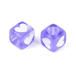 スプレー塗装透明アクリルビーズ  ハートを持つキューブ  紫色のメディア  7x6.5x6.5mm  穴：3.8~4mm  約2270個/500g&nbsp;OACR-N140-02B