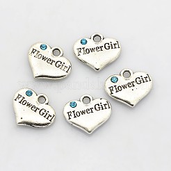 結婚式のパーティーの供給アンティーク銀合金ラインストーンのハート刻まれた単語フラワーガールの結婚式の家族チャーム  カドミウムフリー＆鉛フリー  アクアマリン  13.5x16x3mm  穴：2.5mm&nbsp;ALRI-N005-28B