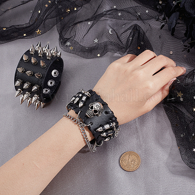 GORGECRAFT 2Pcs 2 Style Punk Studded Bracelet Rock Style Cowhide Leather Cord Bracelets Set with Buckle Rivet Skull Adjustable Wristband for Halloween
