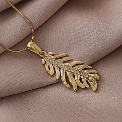 304 Stainless Steel Crystal Rhinestone Leaf Pendant Necklace for Women, Golden, 15.75 inch(40cm)