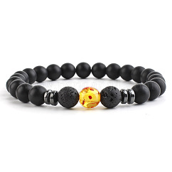 Round Synthetic Amber Beaded Stretch Bracelets for Women Men, with Frosted Black Onxy Beads