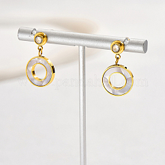 Cubic Zirconia Donut Dangle Stud Earrings, 304 Stainless Steel Earrings, Real 18K Gold Plated, 23x13mm