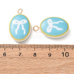 プリント合金とアクリルパーツ  鉄のリング付き  リボン付きオーバルチャーム  ブルー  24x13x7mm  穴：2mm&nbsp;AL-CBAE25B-04B-G