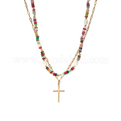 Adjustable Stainless Steel Cross Pendant Faux Pearl and Glass Beaded Double layered Necklaces for Women&nbsp;KF1328