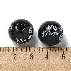 プリントウッドヨーロピアンビーズ  単語模様で丸める  ブラック  15.5~16mm  穴：4~4.5mm&nbsp;WOOD-G022-20F