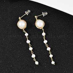 Round Brass Natural Freshwater Pearl Tassel Stud Earrings&nbsp;EJEW-U072-02G
