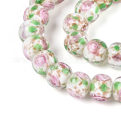 手作りのランプワークの内側の花のロンデルビーズ連売り  金粉付き  薄緑  8~10x10~11mm  穴：0.9~1.4mm  約35個/連  10.83~11.42''（27.5~29センチメートル）&nbsp;LAMP-T022-24K