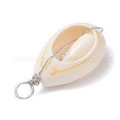 Natural Cowrie Shell Copper Wire Wrapped Round Brass Beads Pendants&nbsp;PALLOY-JF02938-05