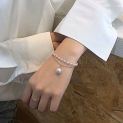 合金フラットラウンドチャームブレスレット  女性用二重アズキチェーンブレスレット  プラスチックパール付き  ゴールドカラー  5.91インチ（15cm）&nbsp;WG5D178-01