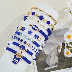 手作りポリマー粘土ヘイシビーズストレッチブレスレットセット1セット  合金チャーム付き  ブルー  内径：2~2-1/4インチ（5.1~5.7cm）  9個/セット&nbsp;BJEW-SZ0002-67A-04