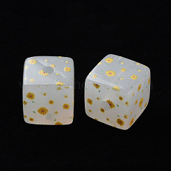 アクリルビーズ-プリント  花模様の正方形  ゴールド  16x16x16mm  穴：3mm&nbsp;MACR-S374-11C-01