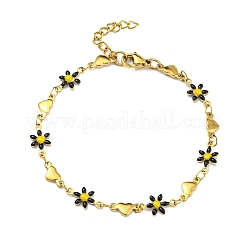 Enamel Flower & Heart Link Chain Bracelet&nbsp;BJEW-A142-05G