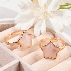 スター天然ローズクォーツ調節可能リング  女性のための真鍮の指輪  内径：18mm&nbsp;RJEW-H241-01G-02